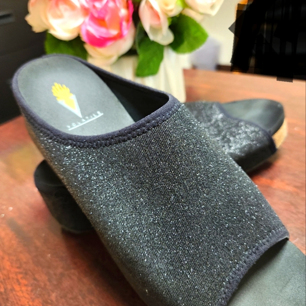 Volatile Black slip on sandal shiny/glitter material 2 inch heel